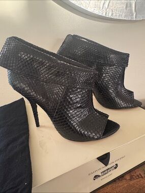 Black Snake-Embossed Peep-Toe Stiletto Booties
